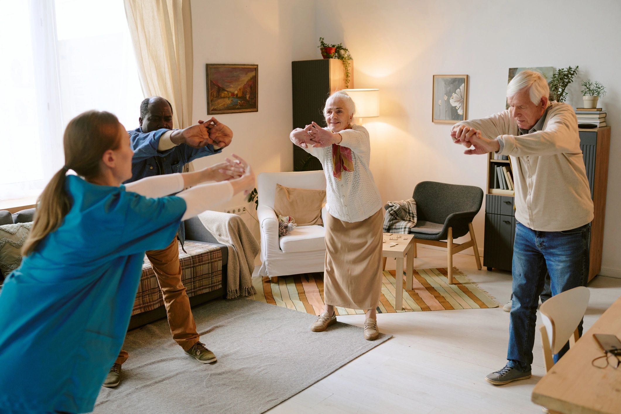 Older adults doing morning exercise together